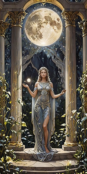 (masterpiece, high quality, 8K, high_res),
((ink drawning and watercolor wash)), abstract illustration, very detailed, high contrast,
In the lush gardens of Mount Olympus, a divine enchantress of extraordinary beauty and grace, clothed in shimmering silver silk with delicate moonlit patterns, commands the attention of a gathering of celestial beings. Bathed in a celestial glow, her serene presence radiates wisdom and power as she speaks of a celestial prophecy that will determine the fate of the cosmos. The towering marble columns entwined with blooming vines and the ethereal mist that shrouds the goddess underscore the otherworldly significance of her words, evoking a sense of mystique and wonder that captivates all who behold her.