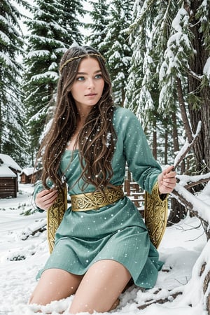 In a serene winter scene within a cozy Viking-era cabin, a stunningly beautiful woman with piercing green eyes and cascading hair the color of pure gold stands. Her long locks frame her delicate features as she gazes out at the falling snow, her torn dress adding a touch of vulnerability to her ethereal beauty. The scene is infused with a mystical, otherworldly aura, as if the Norse gods themselves are watching over her in the enchanting Norwegian forest. The image is to be depicted in ultra-high definition, showcasing every intricate detail with flawless perfection.,snow girl,lilia,girl,ladyj,valkyrie style