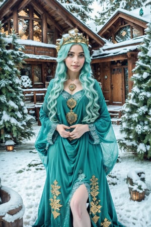 In a serene winter scene within a cozy Viking-era cabin, a stunningly beautiful woman with piercing green eyes and cascading hair the color of pure gold stands. Her long locks frame her delicate features as she gazes out at the falling snow, her torn dress adding a touch of vulnerability to her ethereal beauty. The scene is infused with a mystical, otherworldly aura, as if the Norse gods themselves are watching over her in the enchanting Norwegian forest. The image is to be depicted in ultra-high definition, showcasing every intricate detail with flawless perfection.,snow girl