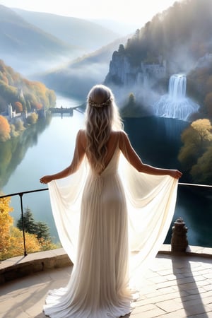 A serene, ethereal figure in a flowing white gown, her long, silver hair cascading down her back like a waterfall. She gazes out over a misty mountainside, her paintbrush poised in one delicate hand, capturing the delicate dance of sunlight filtering through the ancient trees. In the background, a majestic castle perched on a cliff overlooks a tranquil lake reflecting the colors of the setting sun.