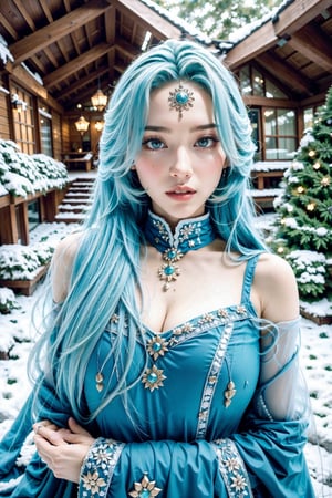 In a serene winter scene within a cozy Viking-era cabin, a stunningly beautiful woman with piercing green eyes and cascading hair the color of pure gold stands. Her long locks frame her delicate features as she gazes out at the falling snow, her torn dress adding a touch of vulnerability to her ethereal beauty. The scene is infused with a mystical, otherworldly aura, as if the Norse gods themselves are watching over her in the enchanting Norwegian forest. The image is to be depicted in ultra-high definition, showcasing every intricate detail with flawless perfection.,snow girl
