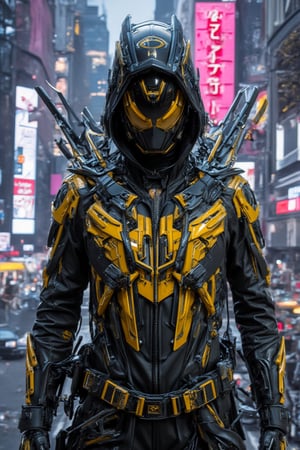 A futuristic mecha version of Spider-Man with sleek gold black titanium armor and robotic limbs. Covered with torn leather robe, He is wearing a flowing, tech-infused robe that blends seamlessly with his cybernetic body, with glowing circuitry patterns embedded into the fabric. His suit is detailed with spider-like mechanical appendages extending from his back, and the scene is set against a backdrop of a high-tech city with neon lights and towering buildings, trending on artstation, Miki Asai Macro photography, close-up, hyper detailed, trending on artstation, sharp focus, studio photo, intricate details, highly detailed, by greg rutkowski