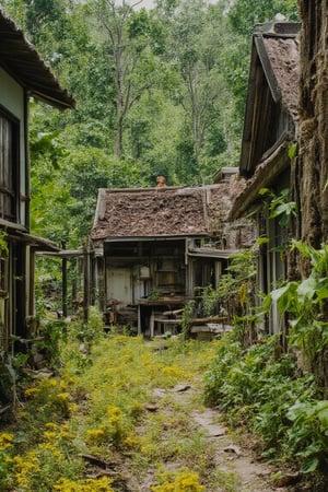 The prompt for this image was:

closed up view, A peaceful and realistic old Malay house, nestled in nature. The house features traditional wooden houses on stilts with zink roofs, surrounded by lush coconut trees and banana trees. A narrow, slightly dirty path winds through the village, with patches of dirt. with yellow rice field in front of the house, The atmosphere is serene and calm, with a rural, rustic charm. The greenery of the trees contrasts beautifully with the earthy tones of the village, creating an authentic tropical Southeast Asian setting