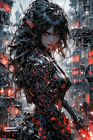 A fierce cyberpunk swordswoman in a dystopian cityscape, wielding two glowing red-edged katanas. She has long, flowing dark hair, piercing red eyes, and wears a sleek, black tactical outfit with futuristic armor. Her dynamic pose suggests she's mid-battle, surrounded by flying debris and red energy shards. The background shows a futuristic skyline filled with tall, shadowy skyscrapers under a cloudy sky, evoking a tense, post-apocalyptic atmosphere. The contrast between the dark setting and the glowing red elements gives the image an intense, high-energy feel