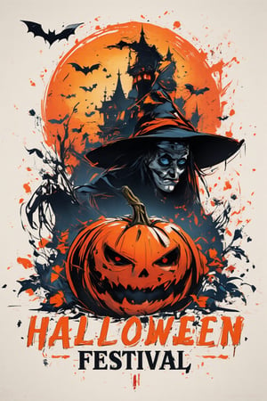 minimalist poster "HALLOWEEN FESTIVAL" with stylish fonts in the middle of the image, RAW effect, eerie effect, scarry, orange and black colors sceme, closed up, big orange pumpkin carved with a scary face, background of flying bats, witch with her broom, skeleton, dark castle, must be in logo style, vivid and vibrant colors, sharp focus, fine clear, realistic render, detailed and accurate, white background