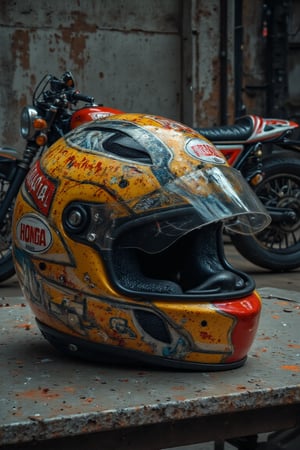 oil ink painting, RAW effect, close up, a helmet placed on a concrete table, there are racing pattern and text "BELL" on it, highly detailed, sharp focus, the background is an old HONDA motorcycle, in a dark empty room, with a concrete wall behind, highly detailed, realistic detailed, sharp focus, fine clear, trending on artstation