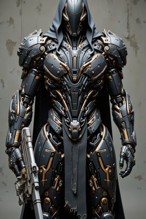 The prompt for this image was:

A powerful mecha with a polymer body covered in rugged black gold plastic armor stands ready to attack. Its right arm is constructed from thick, iron chains, while its legs are formed from twisted iron wires, giving it a mechanical, industrial appearance. A long, torn leather robe covers its head, fluttering slightly as it moves, creating a sense of mystery and wear from battle. implan text on the body, The mecha grips a massive, futuristic gun in its remaining hand, the weapon radiating power and danger. The scene captures the mecha in an aggressive, action-ready stance, as if about to strike