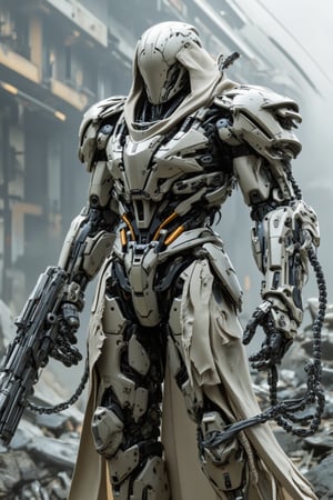 The prompt for this image was:

A powerful mecha with a polymer body covered in rugged white gold plastic armor stands ready to attack. Its right arm is constructed from thick, iron chains, while its legs are formed from twisted iron wires, giving it a mechanical, industrial appearance. A long, torn leather robe covers its head, fluttering slightly as it moves, creating a sense of mystery and wear from battle. The mecha grips a massive, futuristic gun in its remaining hand, the weapon radiating power and danger. The scene captures the mecha in an aggressive, action-ready stance, as if about to strike