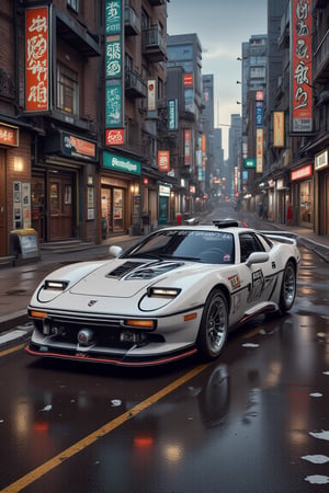 The prompt for this image was:

portrait, hyperrealistic, HDR photo, high resolution, RAW effect, Mazda RX7 modified car on the old village with dynamic post, glossy white matte black colors, with racing vinyl on the body and scratch, highly detailed, realistic detailed, cyberpunk city background with Japanese characters and glowing signs, anime render effect, vivid and vibrant colors, sharp focus, trending on artstation