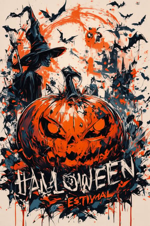 minimalist poster "HALLOWEEN FESTIVAL" with stylish fonts in the middle of the image, RAW effect, eerie effect, scarry, orange and black colors sceme, closed up, big orange pumpkin carved with a scary face, background of flying bats, witch with her broom, skeleton, dark castle, must be in logo style, vivid and vibrant colors, sharp focus, fine clear, realistic render, detailed and accurate, white background