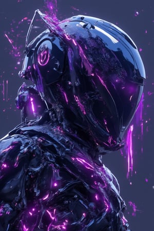 Side profile, mecha ninja, futuristic design, purple and blue color scheme, high contrast lighting, highly detailed mechanical textures, smooth sleek and glossy surfaces, intricate porcelain components, bold Dripping typography 'DAUS' focus on the below, sci-fi aesthetic, dynamic composition, poster art, digital art style, sharp and precise lines, modern and high-tech appearance, visually striking
