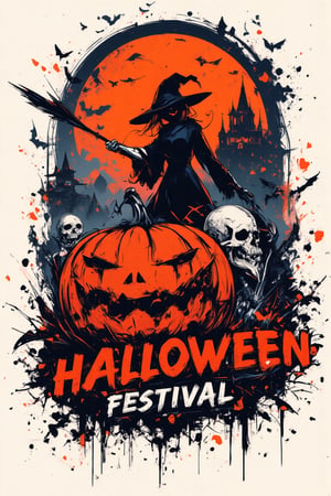 minimalist poster "HALLOWEEN FESTIVAL" with stylish fonts in the middle of the image, RAW effect, eerie effect, scarry, orange and black colors sceme, closed up, big orange pumpkin carved with a scary face, background of flying bats, witch with her broom, skeleton, dark castle, must be in logo style, vivid and vibrant colors, sharp focus, fine clear, realistic render, detailed and accurate, white background