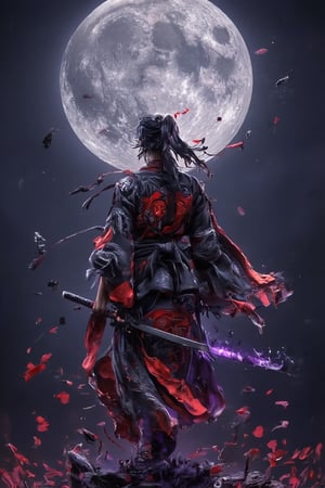 an anime-style image of a lone samurai standing with their back facing the viewer, silhouetted against a large full moon. The character wears a detailed black and red kimono adorned with intricate patterns, including traditional Japanese motifs. They have long, dark hair tied back in a ponytail, with some loose strands blowing in the wind. The samurai holds a sheathed large glowing purple aura katana at their side, ready for battle. Surrounding the figure are delicate leaves or floral elements in red and black, complementing the moonlit night setting. The tone is dramatic and elegant, with a balance of soft light and dark shadows