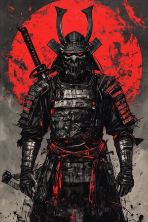 caligraphy art, oil ink painitng, A fierce samurai warrior standing in front of a massive red moon. The samurai is clad in black and white armor with intricate engravings, highlighted by red cords tied around various parts of the armor. His helmet has sharp, menacing horns, and his face is hidden by a traditional mask. The warrior grips a katana in a battle-ready stance, with splashes of red liquid scattered around him. The background features a stormy, dark sky, with swirling black and red clouds, creating an intense and ominous atmosphere. The overall mood is one of power, darkness, and mystery
