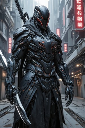 The prompt for this image was:

full body view, A futuristic mecha cyborg humanoid with a sleek polymer body armor, covered with leather torn robe, designed with a metallic black and synthetic blend. The armor is composed of segmented plates chain that cover the chest, arms, and legs, giving a robust yet agile appearance. The mecha's face has a helmet-like structure with glowing eyes. In its hand, it wields a massive, futuristic sword with intricate engravings along the blade, which emits a faint glowing aura. The setting is a dystopian, neon-lit city, with tall, cyberpunk-style buildings in the background, casting reflections off the polished armor