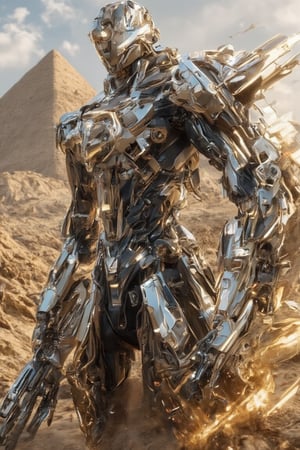 The prompt for this image was:

A sleek humanoid warrior mecha with a glossy, porcelain-like body, featuring intricate, highly detailed surfaces and futuristic design. The mecha is holding a large, complex gun with mechanical precision. It stands in a vast desert landscape, with the warm sun casting dramatic shadows across its reflective body. In the background, a massive pyramid structure rises from the sandy horizon. The image is in sharp focus, highlighting both the fine details of the mecha and the distant pyramid, with a contrast between the sleek, polished textures and the rugged desert terrain