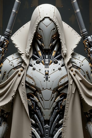 The prompt for this image was:

extreme close up, A powerful mecha with a polymer body covered in rugged white gold plastic armor stands ready to attack. Its right arm is constructed from thick, iron chains, while its legs are formed from twisted iron wires, giving it a mechanical, industrial appearance. A long, torn leather robe covers its head, fluttering slightly as it moves, creating a sense of mystery and wear from battle. The mecha grips a massive, futuristic gun in its remaining hand, the weapon radiating power and danger. The scene captures the mecha in an aggressive, action-ready stance, as if about to strike