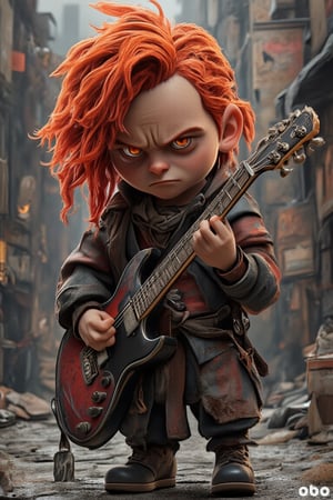 best quality, ultra-realistic render detailed, full body 5d chibi character, boy with long glowing luminous red yellow hair holding a guitar, fierce expression, dramatic lighting, intense gaze, urban environment, textured background, atmospheric perspective, monochromatic color scheme, smoky ambiance, streetwear fashion, vivid and vibrant colors, sharp fine, trending on artstation, white plain background