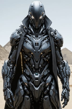 The prompt for this image was:

full body view, A futuristic mecha cyborg humanoid with a sleek polymer body armor, ready to attack, covered with leather torn robe, designed with a metallic black and synthetic blend. The armor is composed of segmented plates chain that cover the chest, arms, and legs, giving a robust yet agile appearance. The mecha's face has a helmet-like structure with glowing eyes. In its hand, it wields a massive, futuristic sword with intricate engravings along the blade, which emits a faint glowing aura. The setting in the desert with piramid in the background, casting reflections off the polished armor