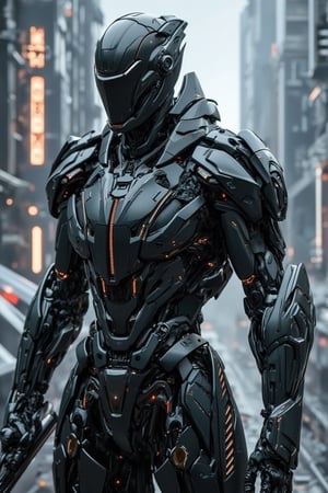 The prompt for this image was:

close up, A futuristic mecha cyborg humanoid with a sleek polymer body armor, designed with a metallic and synthetic blend. The armor is composed of segmented plates that cover the chest, arms, and legs, giving a robust yet agile appearance. The mecha's face has a helmet-like structure with glowing eyes. In its hand, it wields a massive, futuristic sword with intricate engravings along the blade, which emits a faint glowing aura. The setting is a dystopian, neon-lit city, with tall, cyberpunk-style buildings in the background, casting reflections off the polished armor