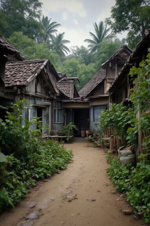 The prompt for this image was:

closed up view, A peaceful and realistic old Malay house, nestled in nature. The house features traditional wooden houses on stilts with zink roofs, surrounded by lush coconut trees and banana trees. A narrow, slightly dirty path winds through the village, with patches of dirt. with yellow rice field in front of the house, The atmosphere is serene and calm, with a rural, rustic charm. The greenery of the trees contrasts beautifully with the earthy tones of the village, creating an authentic tropical Southeast Asian setting