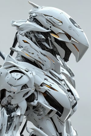 Create a side profile of a futuristic mecha polymer cyborg warrior, with a body made of glossy, shiny synthetic materials and intricately designed porcelain elements. The design should highlight the contrast between the sleek, advanced mechanical parts and the delicate porcelain, with glowing lines and geometric accents. The overall look should be strong yet elegant, blending the fragility of porcelain with the power and durability of a cybernetic warrior, all presented in a typography style with bold, clean shapes