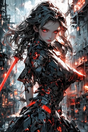 A fierce cyberpunk swordsman in a dystopian cityscape, wielding two glowing red-edged katanas. She has long, flowing dark hair, piercing red eyes, and wears a sleek, black tactical outfit with futuristic armor. Her dynamic pose suggests she's mid-battle, surrounded by flying debris and red energy shards. The background shows a futuristic skyline filled with tall, shadowy skyscrapers under a cloudy sky, evoking a tense, post-apocalyptic atmosphere. The contrast between the dark setting and the glowing red elements gives the image an intense, high-energy feel