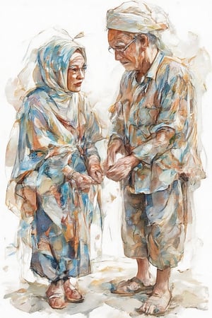 portrait, wide angle view, view from side, watercolor painting, old Muslim married couple, the husband is tying his wife's shoelaces while standing, the man wears a Malay shirt, the woman wears a long hijab, no background, white background