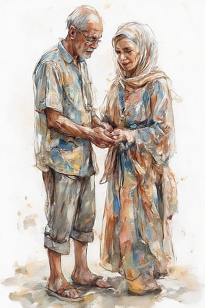 portrait, wide angle view, view from side, watercolor painting, old Muslim married couple, the husband is tying his wife's shoelaces while standing, the man wears a Malay shirt, the woman wears a long hijab, no background, white background