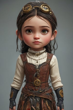 The prompt for this image was:

Create a 3D chibi girl with large, expressive eyes and a cute, exaggerated head-to-body ratio. She is dressed in detailed steampunk attire, featuring a brown leather corset, a ruffled white blouse, and a layered skirt with gear and clockwork patterns. Her accessories include small brass goggles resting on her head, fingerless gloves, and a tiny belt with metallic gadgets hanging from it. The overall style combines Victorian-era fashion with steampunk elements, such as brass gears, leather straps, and metallic accents, giving the character a charming and whimsical look