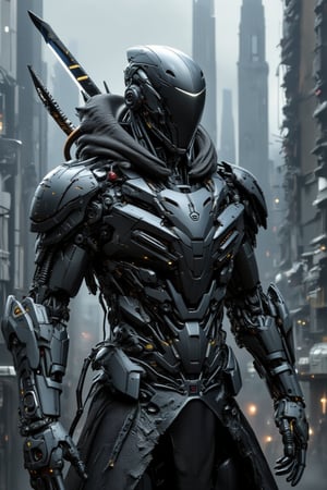 The prompt for this image was:

full body view, A futuristic mecha cyborg humanoid with a sleek polymer body armor, covered with leather torn robe, designed with a metallic black and synthetic blend. The armor is composed of segmented plates chain that cover the chest, arms, and legs, giving a robust yet agile appearance. The mecha's face has a helmet-like structure with glowing eyes. In its hand, it wields a massive, futuristic sword with intricate engravings along the blade, which emits a faint glowing aura. The setting is a dystopian, neon-lit city, with tall, cyberpunk-style buildings in the background, casting reflections off the polished armor