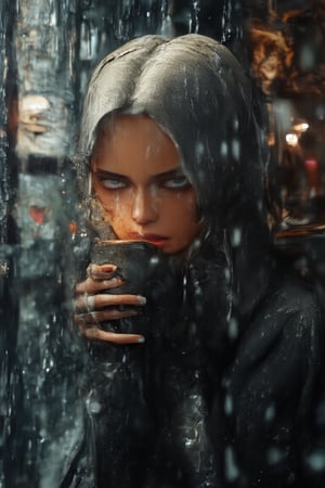 hyperrealistic, hdr photo, wide angle view, view form outside a glass window, a cafe, in the light rain, highly detailed, behind the window there is a girl, in full hijab, melancholic face, holding a cup of hot coffee, smoky, face bathed in the light of a dim lamp from in cafe, realistic detailed, fine clear, sharp focus, trending on artstation