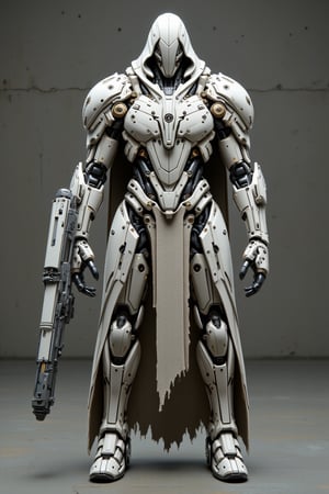 The prompt for this image was:

A powerful mecha with a polymer body covered in rugged white gold plastic armor stands ready to attack. Its right arm is constructed from thick, iron chains, while its legs are formed from twisted iron wires, giving it a mechanical, industrial appearance. A long, torn leather robe covers its head, fluttering slightly as it moves, creating a sense of mystery and wear from battle. The mecha grips a massive, futuristic gun in its remaining hand, the weapon radiating power and danger. The scene captures the mecha in an aggressive, action-ready stance, as if about to strike