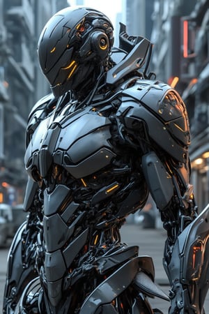 The prompt for this image was:

close up, A futuristic mecha cyborg humanoid with a sleek polymer body armor, designed with a metallic and synthetic blend. The armor is composed of segmented plates that cover the chest, arms, and legs, giving a robust yet agile appearance. The mecha's face has a helmet-like structure with glowing eyes. In its hand, it wields a massive, futuristic sword with intricate engravings along the blade, which emits a faint glowing aura. The setting is a dystopian, neon-lit city, with tall, cyberpunk-style buildings in the background, casting reflections off the polished armor