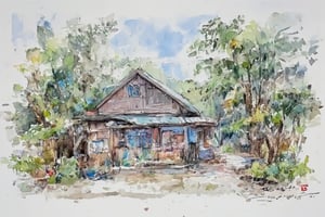 The prompt for this image was:

An oil ink painting of a small traditional Malay house with a plank wall and a zinc roof, surrounded by coconut trees and banana trees, with a dirty path leading up to it, set in a typical Malay village with a rustic and raw artistic effect, vivid and vibrant colors, sharp focus. oil ink sketch