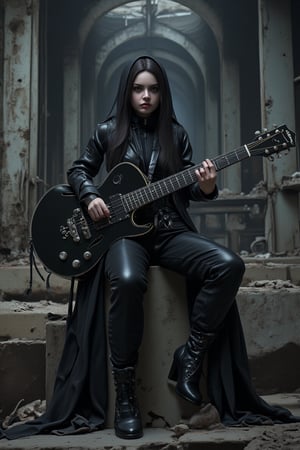 hyperrealistic, hdr photo, photography shot, a scene featuring a muslim gothic female musician with full black hijab, seated on a concrete platform in an abandoned, misty, and dimly lit building. She is holding a sleek, black electric guitar and is dressed in an edgy black leather outfit, including a jacket, tight pants, and high-heeled boots. Her dark makeup and long, straight hair give her a mysterious, rebellious aura. realistic detailed, sharp focus, The background shows a decaying industrial setting with arched windows and diffuse light streaming in, adding to the eerie and intense atmosphere, vivid and vibrant, intricated detailed, trending on artstation, trending on artstation, sharp focus, studio photo, intricate details, highly detailed, by greg rutkowski