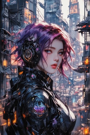 A cyberpunk anime-style girl with futuristic headphones, standing in a neon-lit city. She has vibrant, colorful hair, like pink and purple, styled in a sleek and edgy cut. Her eyes glow slightly, matching the neon colors around her. She wears a high-tech outfit with illuminated details, featuring a mix of leather, metal, and synthetic materials. The background shows a bustling cityscape with towering skyscrapers, holographic ads, and flying vehicles, vivid and vibrant, sharp focus