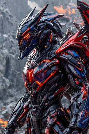 A massive, fearsome mecha dragon with sharp, intricate scales made of metallic parts, glowing with a vibrant red and blue color scheme. Its body is emitting fire, with some areas of the body itself made of molten, fiery material. The dragon's wings are sharp and sleek, covered in high-tech plating, and its eyes glow with an intense fiery light. The overall design combines a futuristic, robotic aesthetic with elements of a fierce, fire-breathing dragon