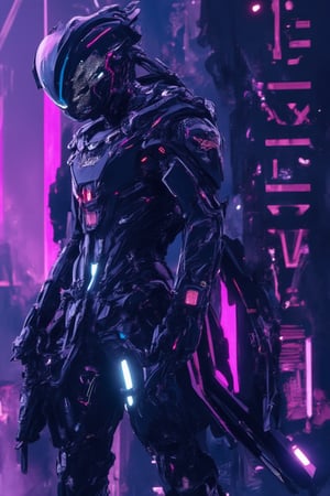 Side profile, mecha ninja, futuristic design, purple and blue color scheme, high contrast lighting, highly detailed mechanical textures, smooth sleek and glossy surfaces, intricate porcelain components, bold Dripping typography 'DAUS' focus on the below, sci-fi aesthetic, dynamic composition, poster art, digital art style, sharp and precise lines, modern and high-tech appearance, visually striking
