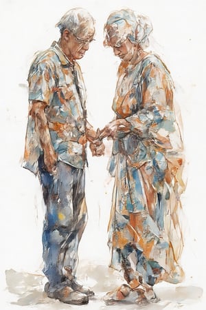 portrait, wide angle view, view from side, watercolor painting, old Muslim married couple, the husband is tying his wife's shoelaces while standing, the man wears a Malay shirt, the woman wears a long hijab, no background, white background