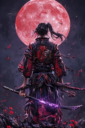 an anime-style image of a lone samurai standing with their back facing the viewer, silhouetted against a large full moon. The character wears a detailed black and red kimono adorned with intricate patterns, including traditional Japanese motifs. They have long, dark hair tied back in a ponytail, with some loose strands blowing in the wind. The samurai holds a sheathed large glowing purple aura katana at their side, ready for battle. Surrounding the figure are delicate leaves or floral elements in red and black, complementing the moonlit night setting. The tone is dramatic and elegant, with a balance of soft light and dark shadows