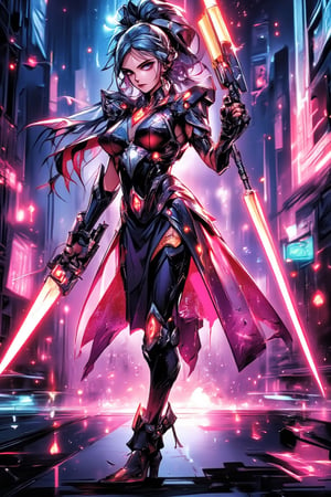 The prompt for this image was:

A full-body view of 5d anime fighter mecha in a dynamic action pose. The mecha is armed with both a futuristic gun and a glowing energy sword, wearing a luminous, glowing dress-like armor. The backdrop is a vibrant, neon-lit cyberpunk city with towering skyscrapers and streets filled with futuristic tech. The scene is highly detailed with vivid, vibrant colors, showing the reflections of neon lights on the wet ground. The fighter is mid-combat, captured in motion, surrounded by the intense glow of city lights and high-tech elements, giving off an energetic and sci-fi vibe