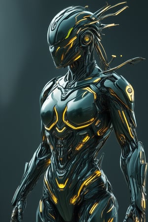 Create a side profile of a futuristic mecha polymer cyborg warrior, with a body made of glossy, shiny synthetic materials and intricately designed porcelain elements. green and yellow colors sceme, The design should highlight the contrast between the sleek, advanced mechanical parts and the delicate porcelain, with glowing lines and geometric accents. The overall look should be strong yet elegant, blending the fragility of porcelain with the power and durability of a cybernetic warrior, all presented in a typography style with bold, clean shapes