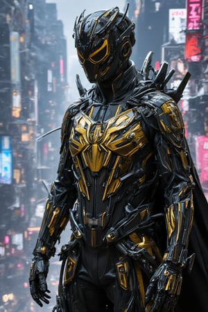 A futuristic mecha version of Spider-Man with sleek gold black titanium armor and robotic limbs. Covered with torn leather robe, He is wearing a flowing, tech-infused robe that blends seamlessly with his cybernetic body, with glowing circuitry patterns embedded into the fabric. His suit is detailed with spider-like mechanical appendages extending from his back, and the scene is set against a backdrop of a high-tech city with neon lights and towering buildings, trending on artstation, Miki Asai Macro photography, close-up, hyper detailed, trending on artstation, sharp focus, studio photo, intricate details, highly detailed, by greg rutkowski