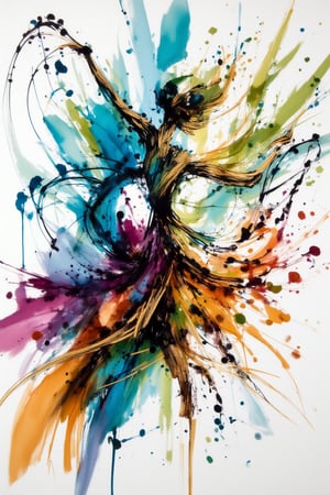 The prompt for this image was:

An alcohol ink painting on white canvas depicting a woman dancing in combination with wild nature, The abstract style uses fluid, swirling colors to represent the dancer's movements, with vibrant colors blending gracefully across the canvas. cover with gold line the image, Her figure is captured in mid-motion, with soft, flowing lines suggesting elegance and freedom. The ink forms a dynamic and ethereal sense of motion, creating a dreamlike atmosphere, as the vivid colors merge and flow together in harmony