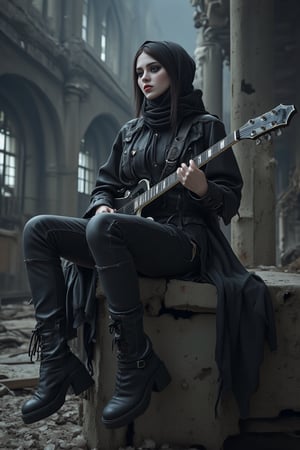 hyperrealistic, hdr photo, photography shot, a scene featuring a muslim gothic female musician with full black hijab, seated on a concrete platform in an abandoned, misty, and dimly lit building. She is holding a sleek, black electric guitar and is dressed in an edgy black leather outfit, including a jacket, tight pants, and high-heeled boots. Her dark makeup and long, straight hair give her a mysterious, rebellious aura. realistic detailed, sharp focus, The background shows a decaying industrial setting with arched windows and diffuse light streaming in, adding to the eerie and intense atmosphere, vivid and vibrant, intricated detailed, trending on artstation, trending on artstation, sharp focus, studio photo, intricate details, highly detailed, by greg rutkowski