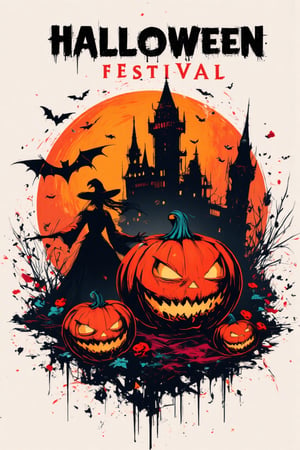 minimalist poster "HALLOWEEN FESTIVAL" with stylish fonts in the middle of the image, RAW effect, eerie effect, scarry, orange and black colors sceme, closed up, big orange pumpkin carved with a scary face, background of flying bats, witch with her broom, skeleton, dark castle, must be in logo style, vivid and vibrant colors, sharp focus, fine clear, realistic render, detailed and accurate, white background