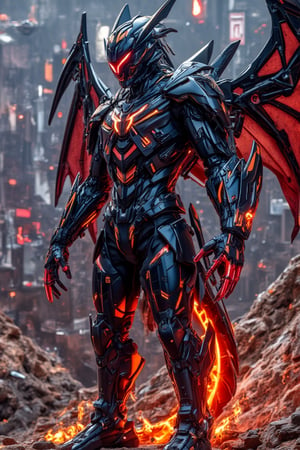 A massive, fearsome mecha dragon with sharp, intricate scales made of metallic parts, glowing with a vibrant red and blue color scheme. Its body is emitting fire, with some areas of the body itself made of molten, fiery material. The dragon's wings are sharp and sleek, covered in high-tech plating, and its eyes glow with an intense fiery light. The overall design combines a futuristic, robotic aesthetic with elements of a fierce, fire-breathing dragon