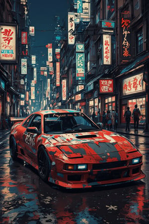 The prompt for this image was:

portrait, poster, calligraphy art, oil ink painting, RAW effect, mixed alcohol ink, Mitsubishi EVOLUTION MR9 modified car in an old village with dynamic pose, with racing vinyl on the body, scratches, highly detailed, realistic detail, cyberpunk city background with Japanese characters and glowing signs, anime render effect, vivid and vibrant colors, sharp focus, trending on ArtStation