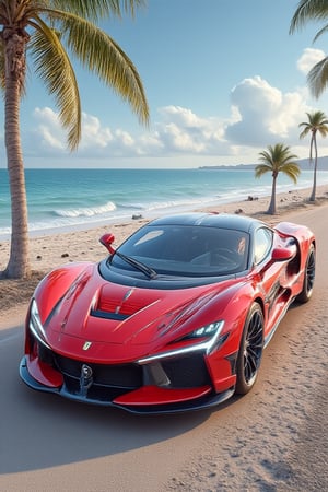 The prompt for this image was:

A highly realistic scene featuring a new Ferrari model, parked on the side of a beach with a palm tree. The car, with its sleek and modern design, glossy red paint, shines under the sun, reflecting vivid and vibrant colors. The beach setting includes clear blue skies, gentle waves, and the iconic silhouette of a palm tree swaying in the breeze. The overall scene feels dynamic, luxurious, and alive with the contrast between the elegance of the car and the relaxed beach atmosphere